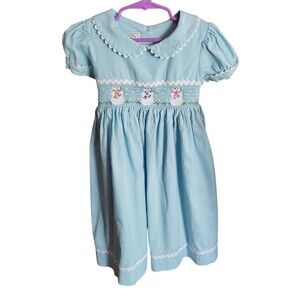 Marmellata Dress Smocked Blue w/ Snowmen Embroidery Rick Rack Trim Girls Size 6X